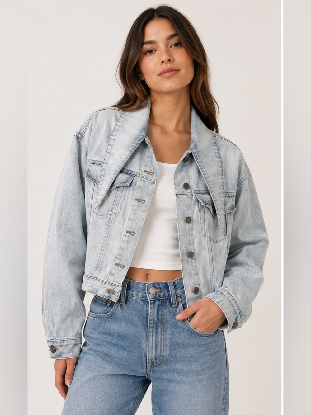 J.ING Light Wash Oversized Denim Jacket XS Trendy Cropped Jean Jacket